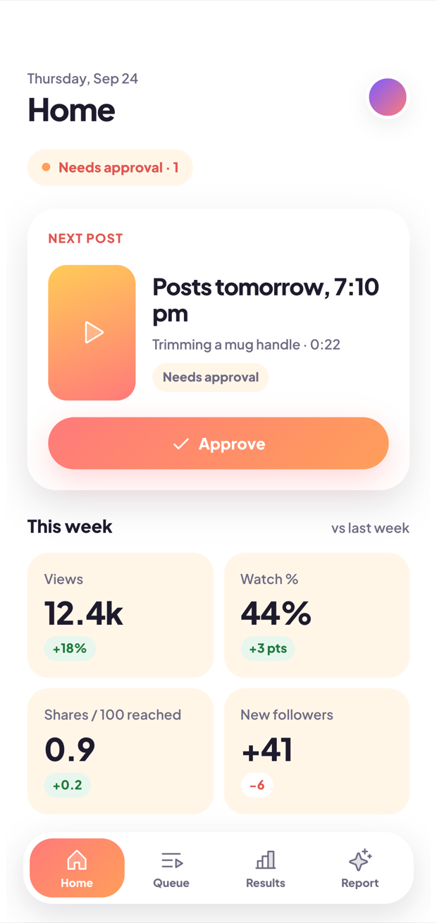 The Reelday home screen: the next reel scheduled, and this week's numbers.